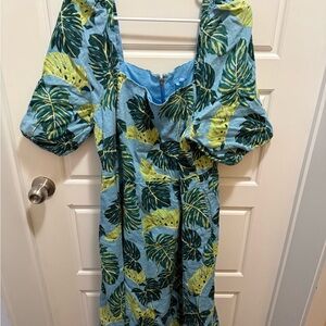 Draper James Blue and Green Leaf Dress